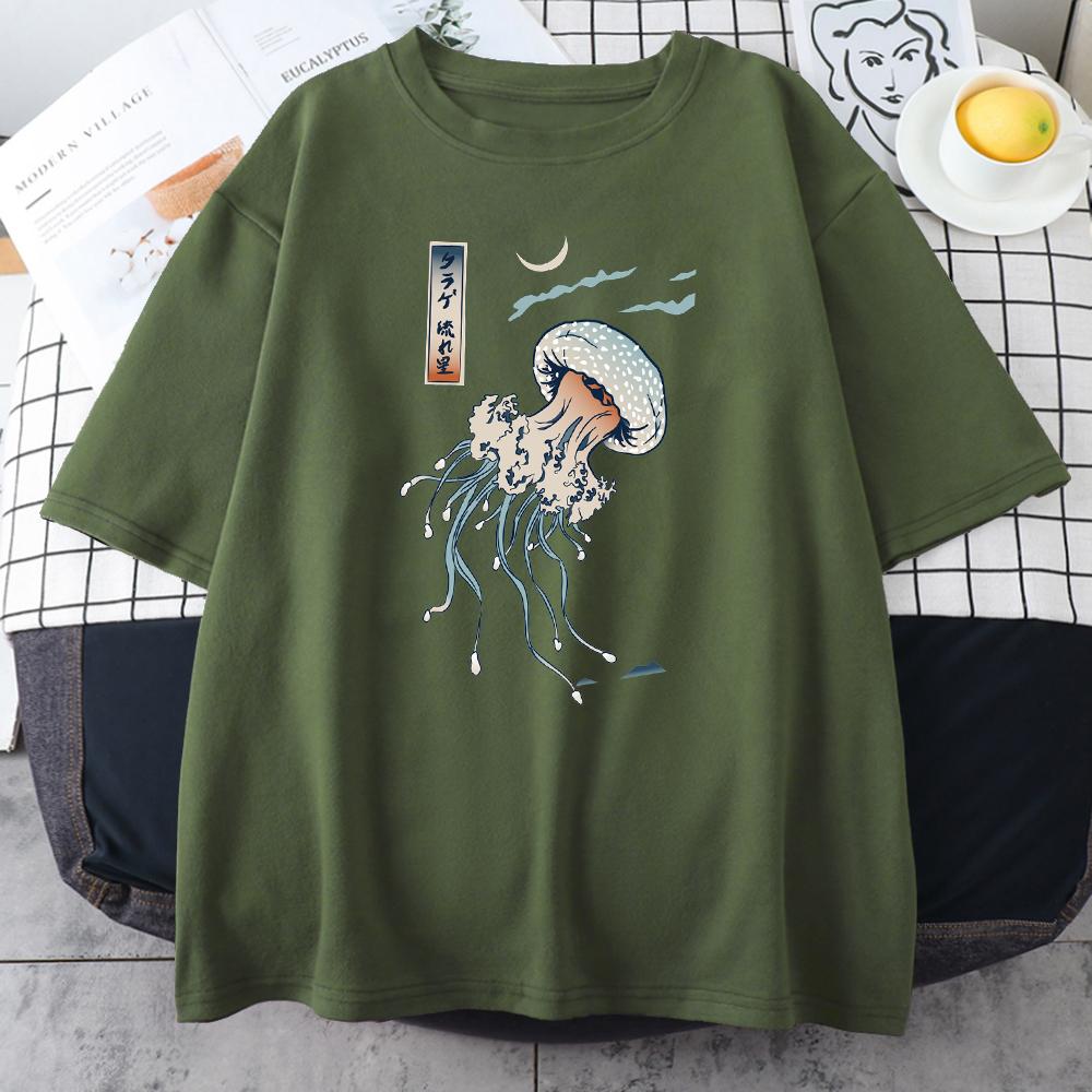 Pływanie Kolorowy Nadruk Meduzy Damskie Unisex Krótki Rękaw Japoński Harajuku O-Neck Topy All-math Oversize Vintage Bawełniane T-Shirty