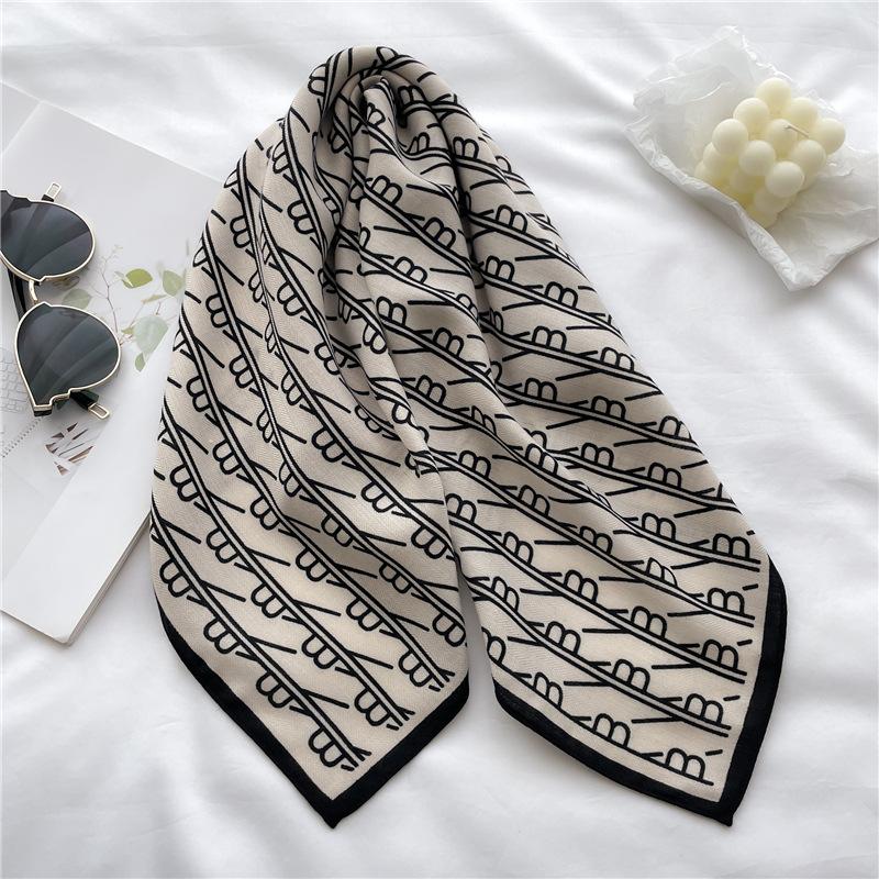Spring and Summer New Letter Small Square Scarf Silk Scarf Herringbone Pattern Imitation Velvet Light and Soft Shawl Scarf Headscarf Scarf Female