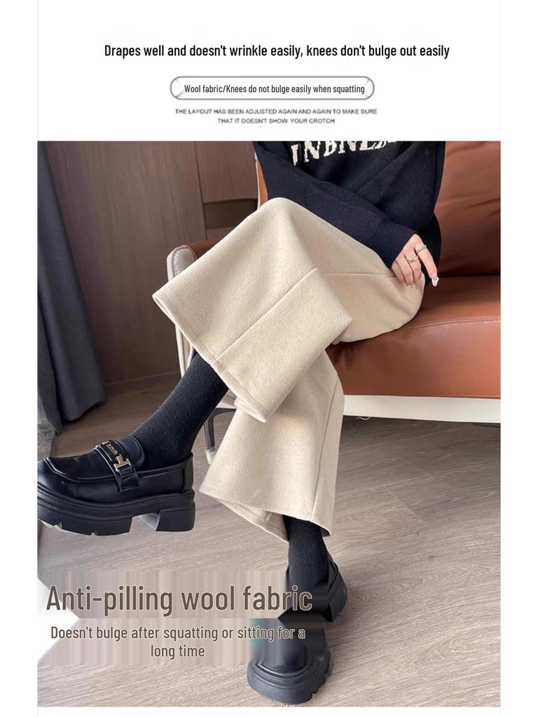 2024 Autumn/Winter Women's Black High-Waisted Woolen Wide-Leg Pants
