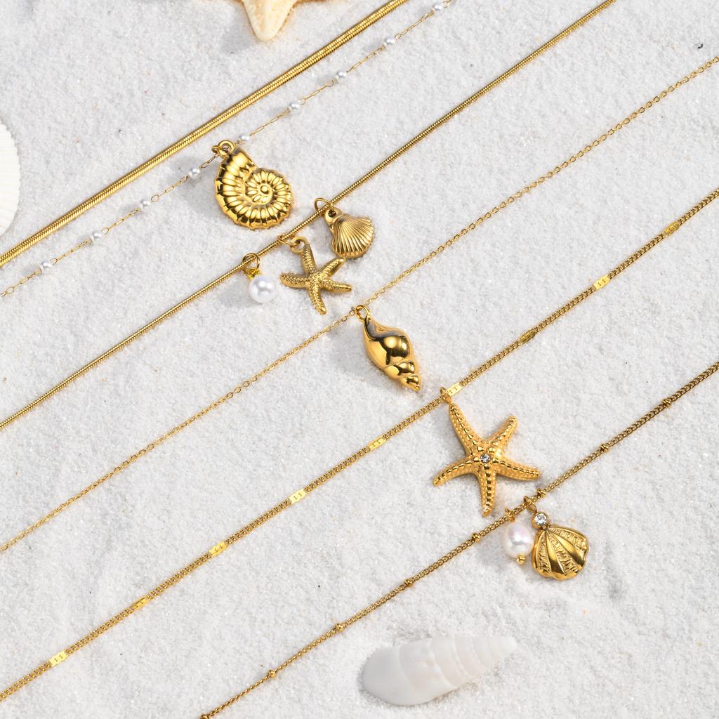 Ocean Pendant Necklace, Waterproof 18K Gold Plated Stainless Steel Non Tarnish, Trendy Boho Layered Marine Beach Jewelry