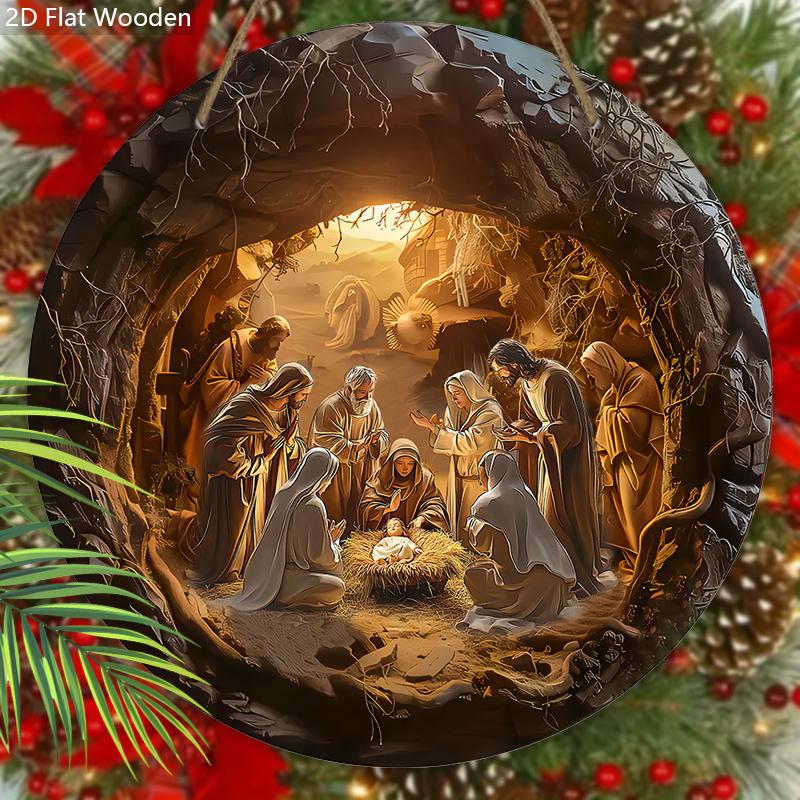 Vintage Nativity Scene Wooden Sign, Jesus Was Born In A Cave Round Sign for Front Door Wall Hanging Decor, Ideal Christmas Gift