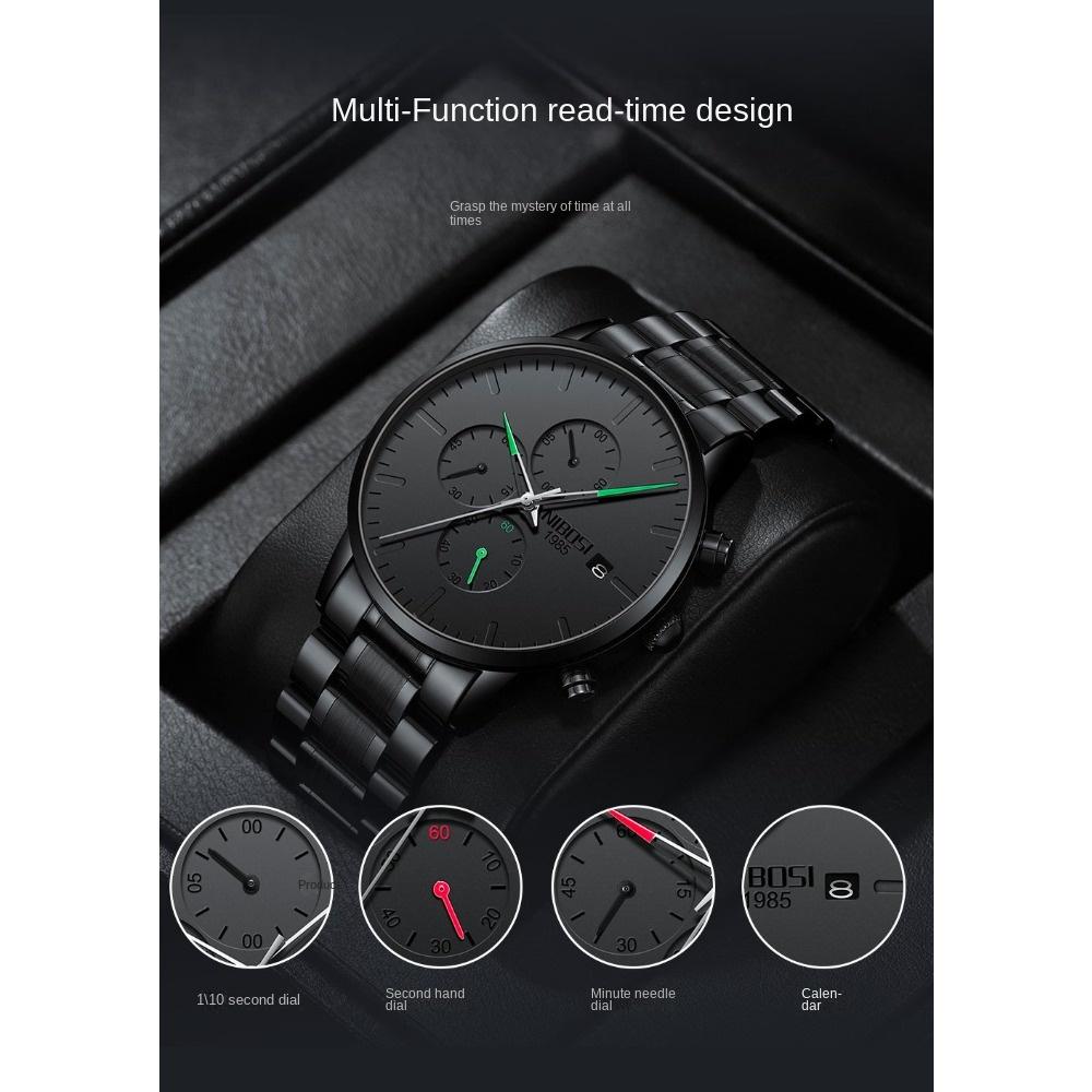NIBOSI Men's Watch Black Fashion Simple Style Precision Travel Time Multi-functional Waterproof Luminous Quartz Watch