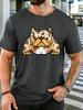 Unisex Olive Green Tee Spotted Bulldog Cartoon Animal Print Short Sleeve Loose Casual Basic Top For Adult Male Daily Wear Outfit