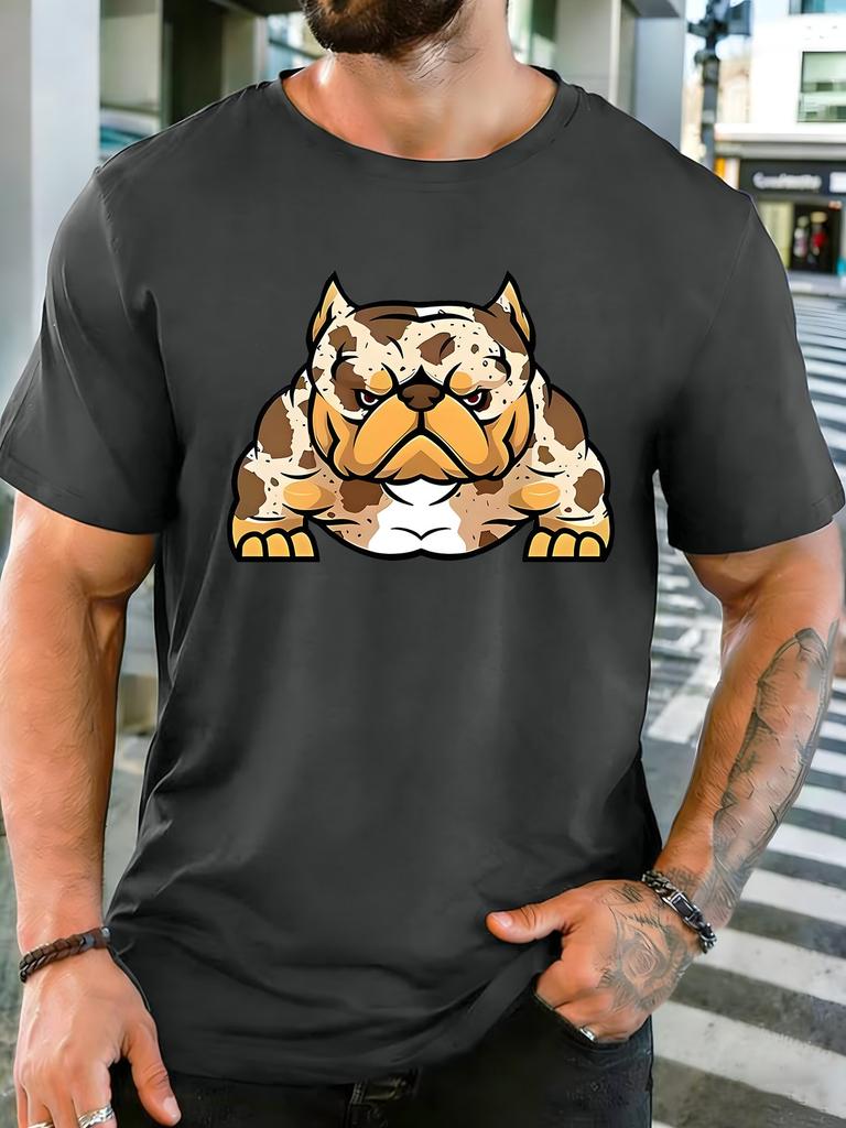 Unisex Olive Green Tee Spotted Bulldog Cartoon Animal Print Short Sleeve Loose Casual Basic Top For Adult Male Daily Wear Outfit