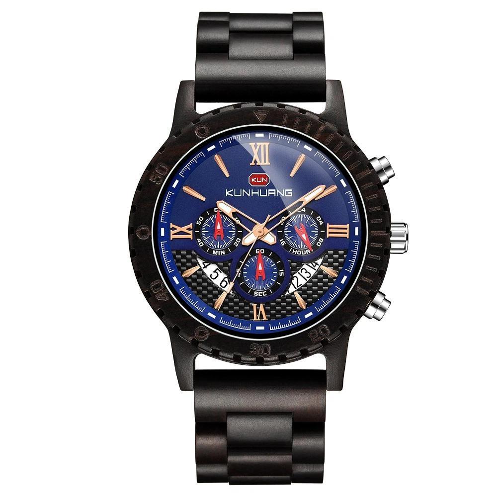 Men Natural Walnut Wood Watch Multifunctional Chronograph Quartz Wristwatch Roman Numeral Dial Sport Wooden Band Watch