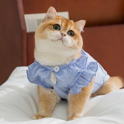 Printed Cute Spring and Summer Lace Collar Blue Cat Teddy Bear Vest Thin Breathable Dog Cat Pet Clothes