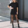 Abito da Donna in Pizzo Manica Corta Girocollo Patchwork T-shirt Abito Lungo Estivo Casual Leggero Abito Stratificato