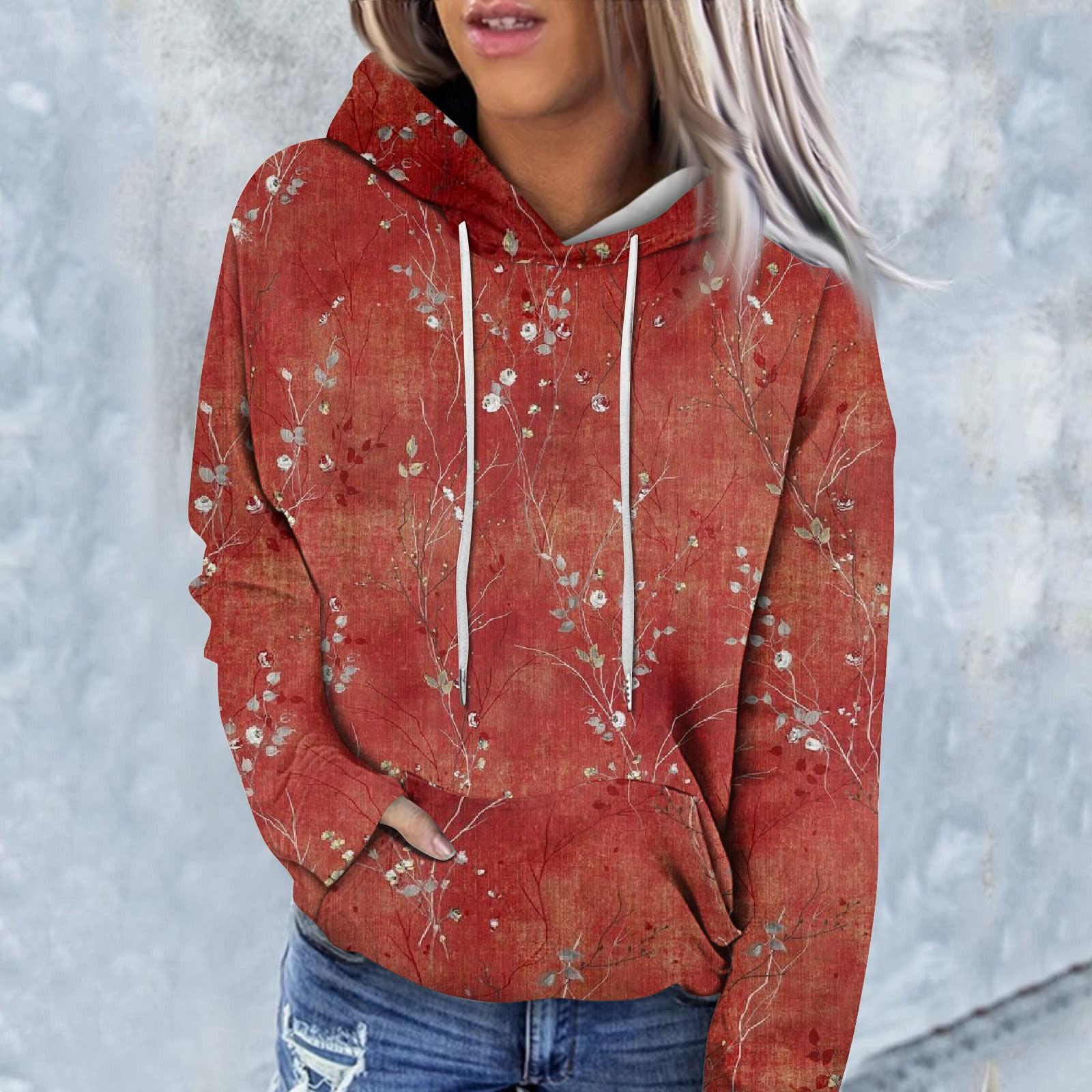 

Женская повседневная мода с цветочным принтом и длинным рукавом, пуловер с капюшоном, топ XL красный