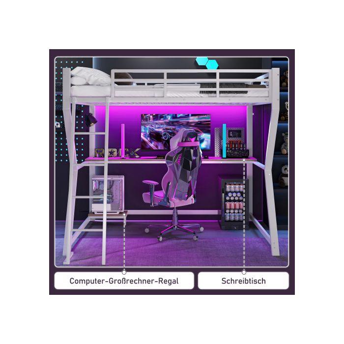 Lit Mezzanine, 90*200 Cm, Éclairage D'ambiance À Distance, Mains Courantes, Escalier, Sans Matelas, Blanc