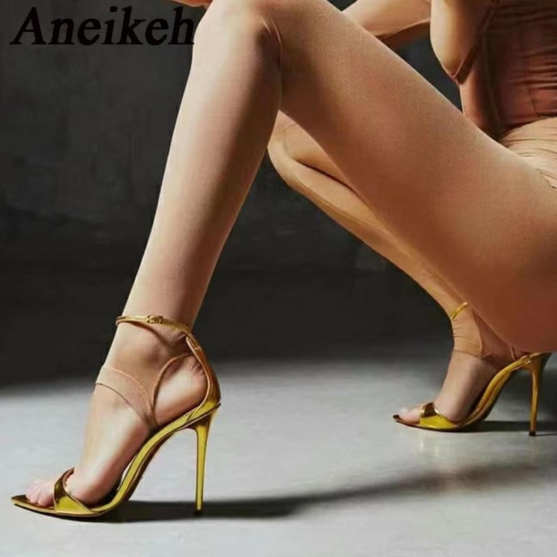 

Aneikeh/2023 летние элегантные пикантные босоножки на тонком каблуке, женские лакированные кожаные заостренные туфли на каблуке с пряжкой и ремешком, свадебное платье Zapatos