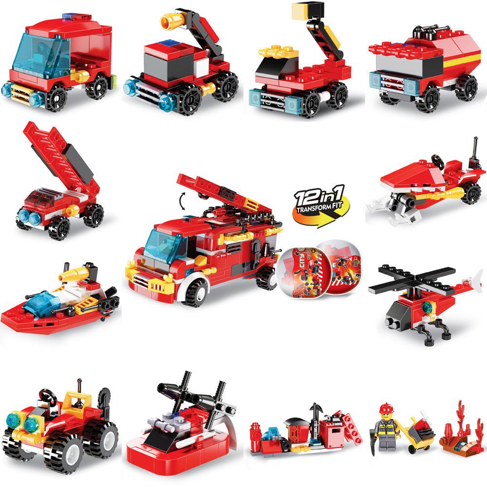 City Fire Truck Building Blocks 12-in-1 Transformable DIY Assembly Interlocking Toy Car