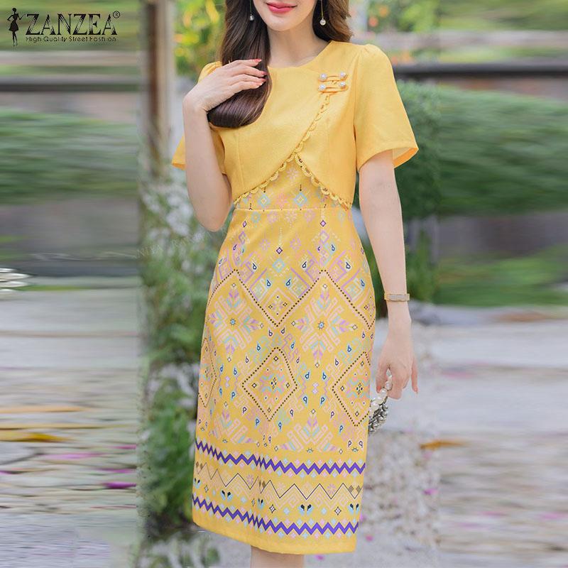 

ZANZEA Элегантное женское повседневное платье с круглым вырезом, короткими рукавами, цветочным принтом и лоскутным дизайном S жёлтый