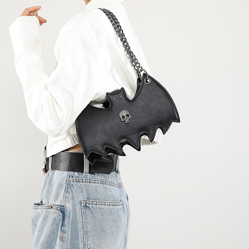 Gothic Style Bat & Skull PU Leather Shoulder Bag Vintage Solid Color Crossbody Bag with Adjustable Chain Strap for Outings, and Everyday Use