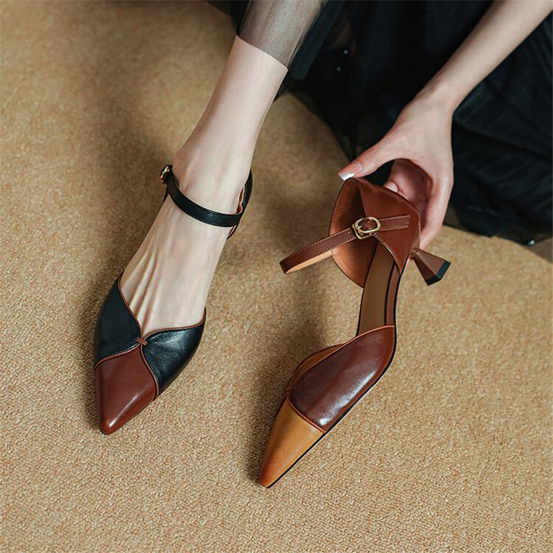 Fashion Genuine Leather Summer Sandals Pointed Toe High Heels Sandals for Women Zapatos Mujer Mixed Color Cover Toe Sandals Ladies Shoes