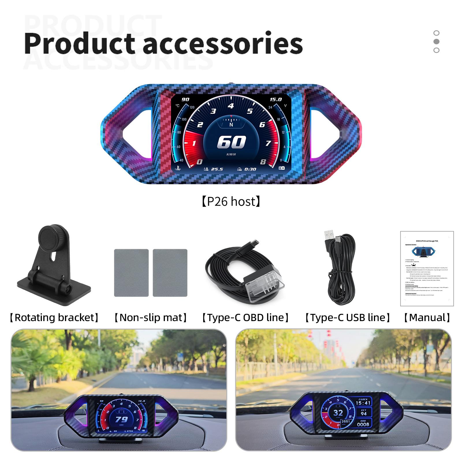 

P26 Car GPS OBD Head Up Display Speedometer Tachometer Fuel Consumption Water Temp Oil Temp Voltage Clock Smart Digital Gauge