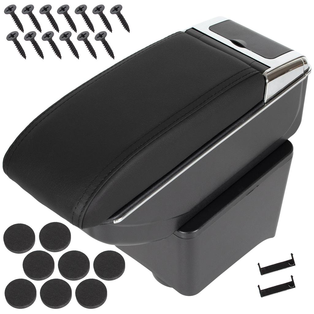 VW Polo 9N 01-09 Armrest with Storage Box, Black Eco Leather & Mounting Kit