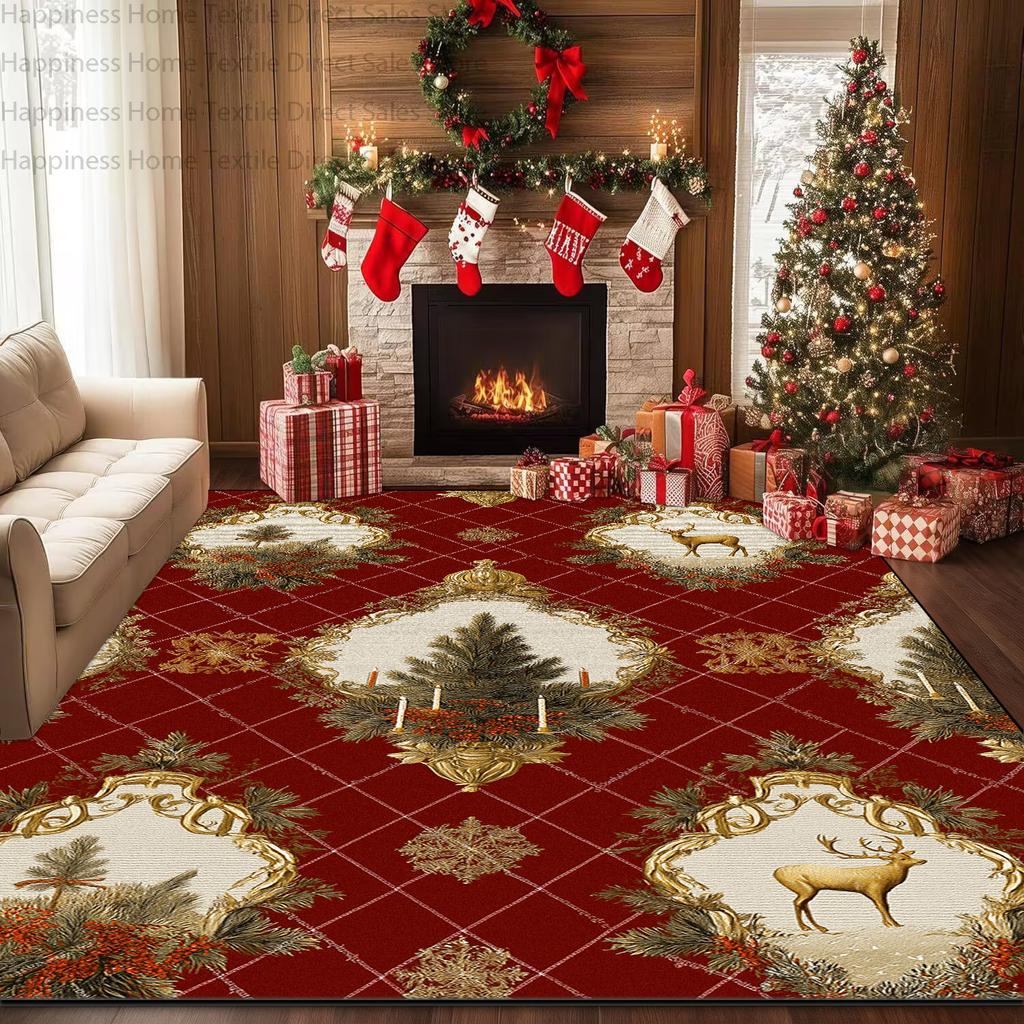 Red Christmas Living Room Home Decoration Carpets Antiskid Washable Bedroom Gift Area Rug Soft Plush Parlor Xmas Tree Luxury Mat