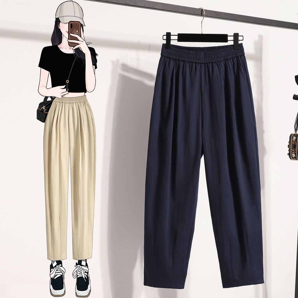 DIMANAF Plus Size Summer Long Pants Women Elastic Waist Loose Vintage Pants New Casual Solid Harem Pants