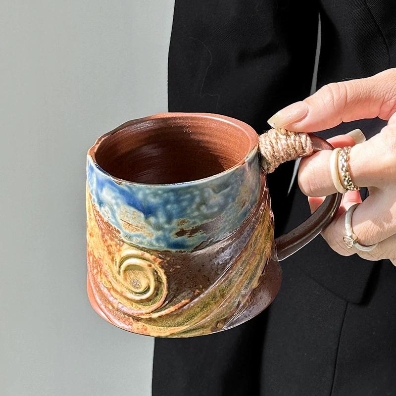 Coarse Ceramic Coffee Mugs, 320ml, Large Capacity, Wide Bottom, Transmutation Glaze Craft, Handmade Pottery Mug, Tea Cups with Hemp Rope Handle