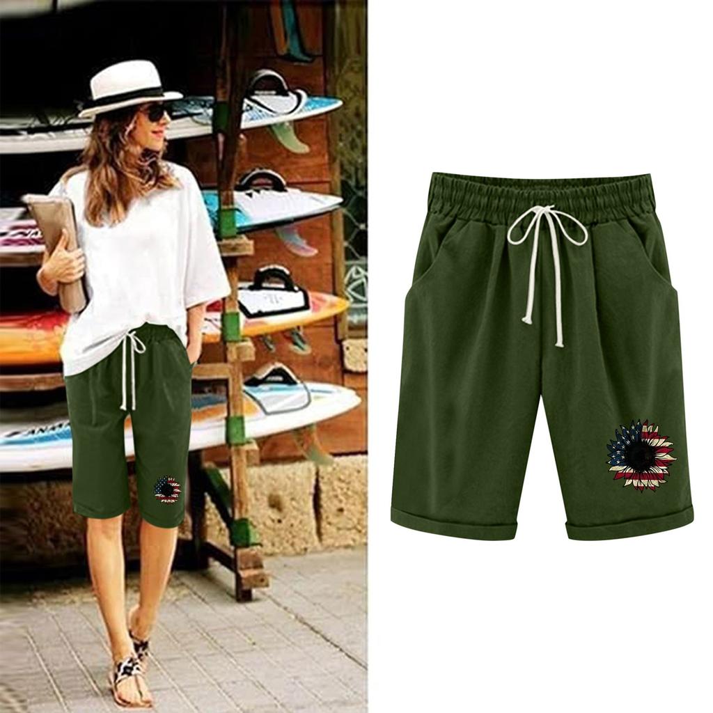 Shorts in Übergröße für Damen, dehnbar, kurvig, aus Baumwolle und Leinen, mit Kordelzug, elastischer Bund, Bermudashorts, lässige Strandkleidung