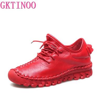 Fashion Handmade Genuine Leather Women Shoes Fashion Casual Sneakers Retro Flats Ladies Lacing Loafers Breathable Vulcanized Shoes