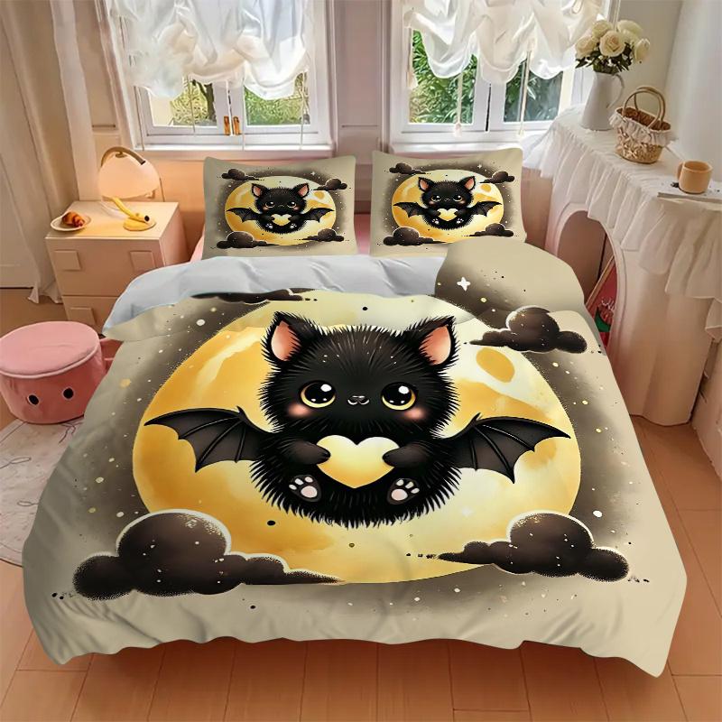 3pcs Bat Cute Cartoon Design Printed Quilt Set - Includes 1 Quilt Cover and 2 Pillowcases, Machine Washable - Suitable for All Seasons.N003