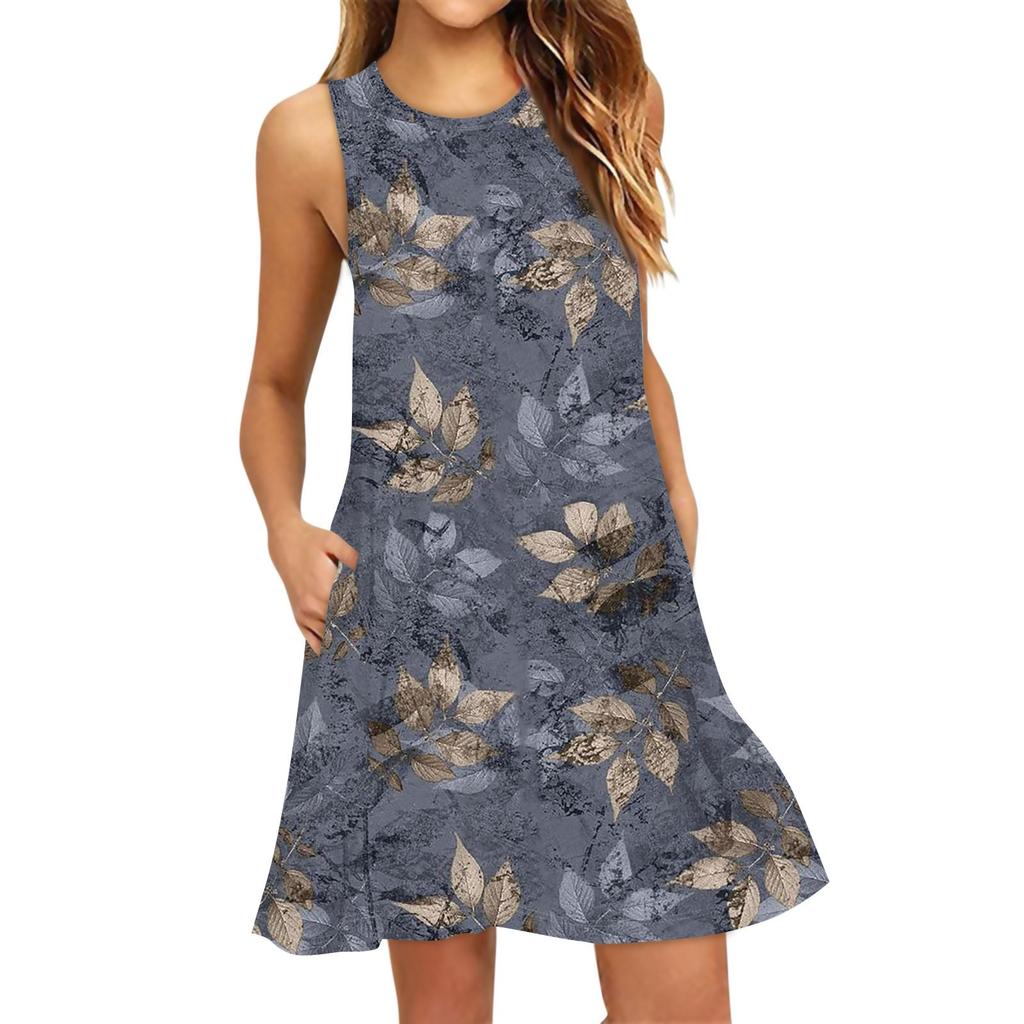 Women's Fashion Beach Dress Sleeveless Round Neck Texture Print Dress