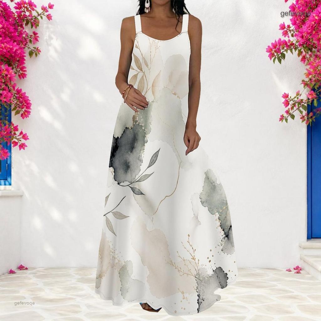 Women Plus Size Scoop Neck Strappy Sleeveless Abstract Print A Line Maxi Dress