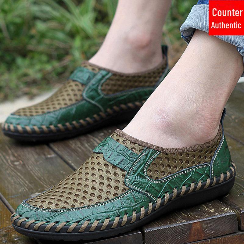 Men's Large Size Summer Breathable Mesh Shoes - Genuine Leather Crocodile Pattern