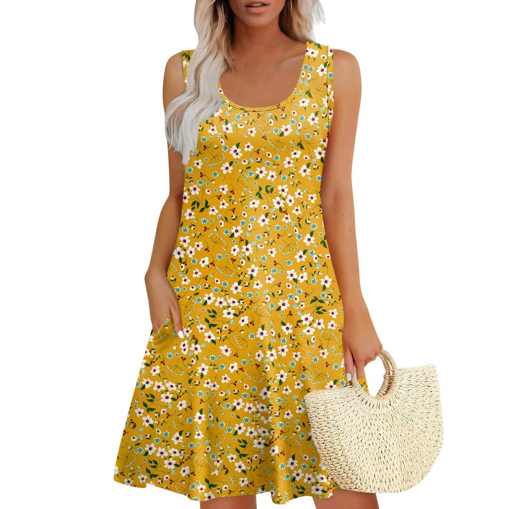 Women's Summer Casual U-shaped Tie Pocket Popular Floral Print Dress