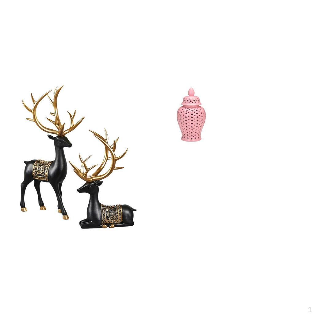 Reindeer Elk Resin Deer Figurine Animal Sculpture with Ceramic Porcelain Jar Vase Lid Floral