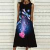 Women Plus Size Sleeveless Crew Neck Dress Soft Watercolor Floral Branches Flowy Mid Calf Gown