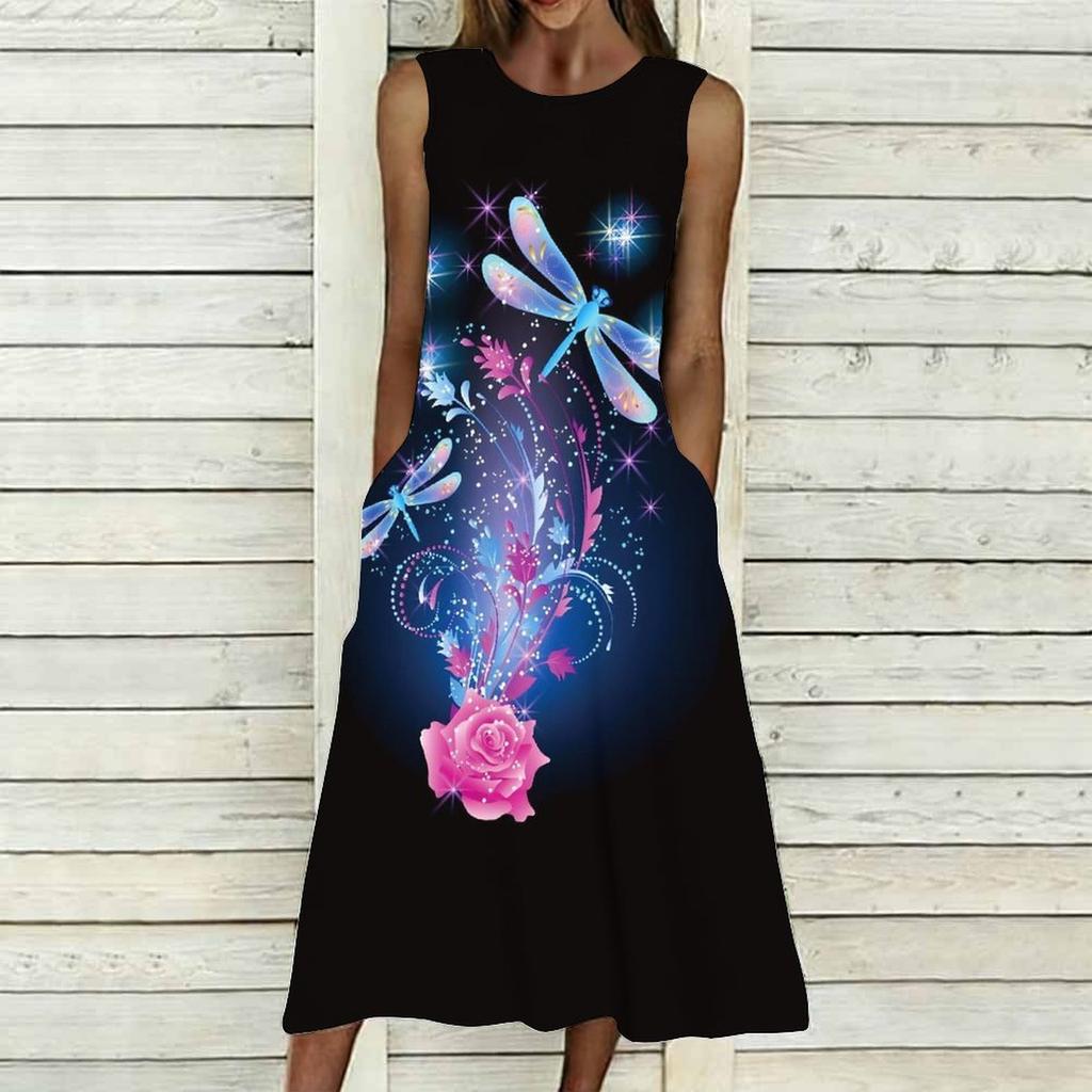 Women Plus Size Sleeveless Crew Neck Dress Soft Watercolor Floral Branches Flowy Mid Calf Gown
