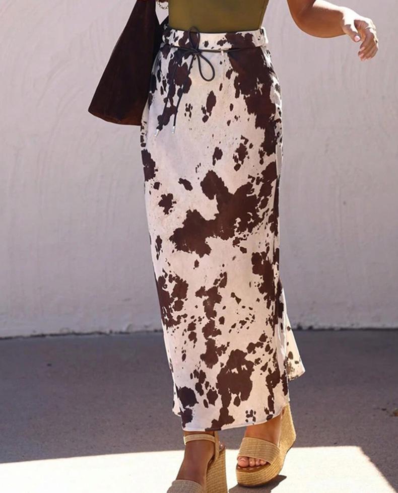 2025 Autumn/Winter Women's Satin Print Long Skirt - Slimming Imitation Silk