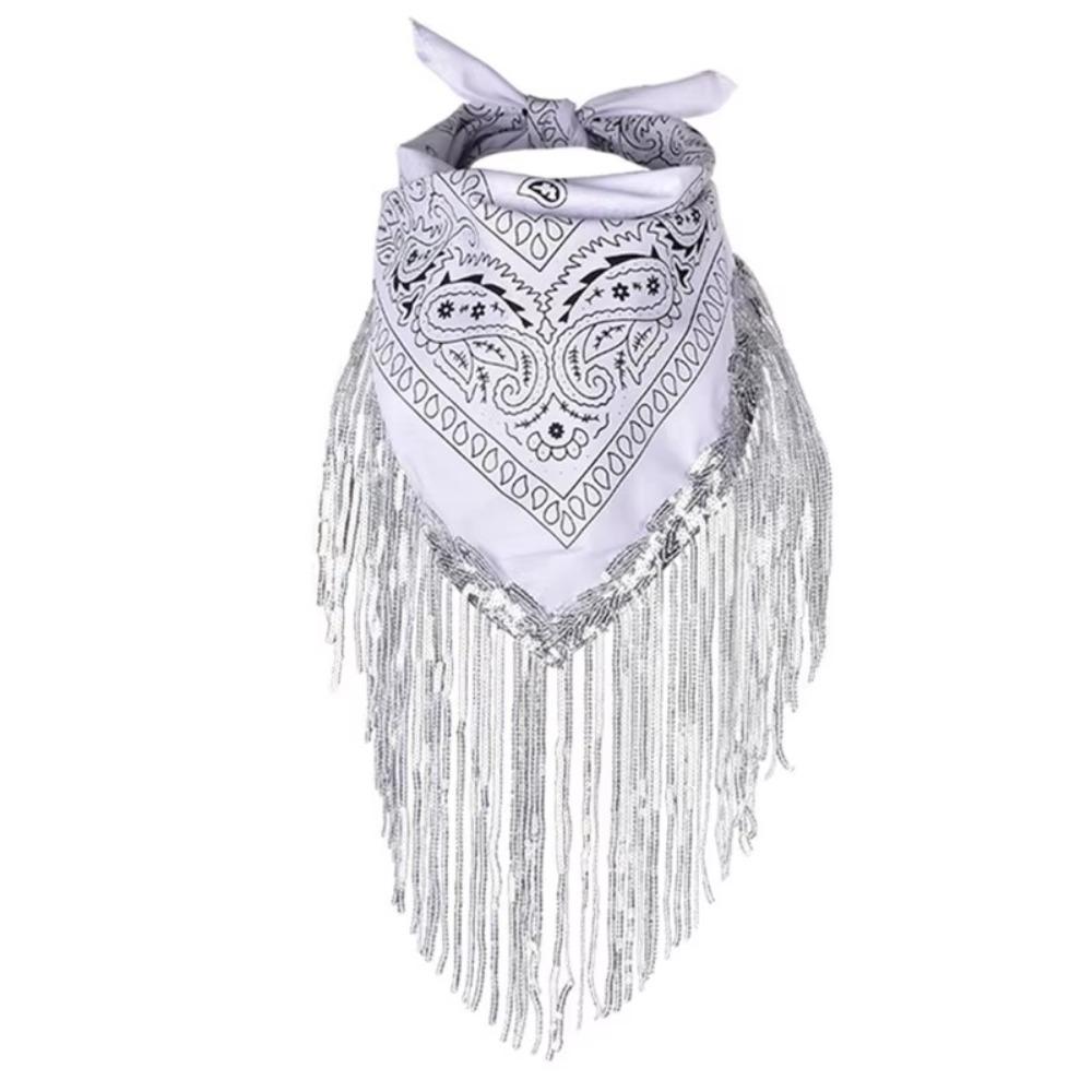 

Sequin Design Cowgirl Bandanas Tassel Trim Head Scarf Western Accessory Women Bandanas білий