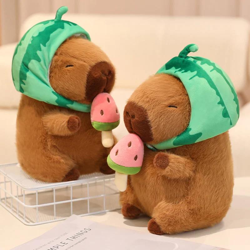 Practical Home Decor Unisex White Eating Watermelon Capybara Plush Toys Detachable Watermelon Hat Animal Doll Soft Chubby Cartoon Capybala Doll Lovely Home Decor