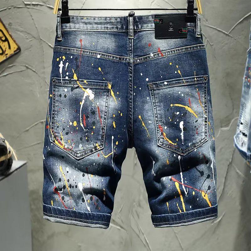 Men's Trendy Slim Fit Ink-Splash Denim Shorts - Skinny, Summer Mid-Length Korean Style
