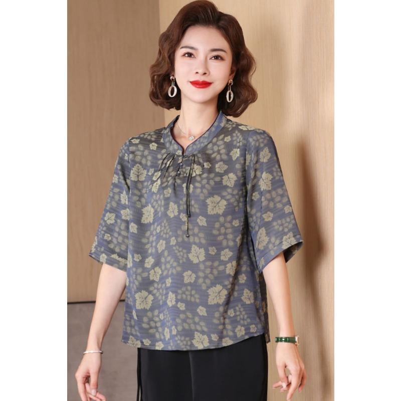 Chinese Summer Chiffon Shirt Mid-sleeve Stand Collar Middle-aged and Elderly Women's New Summer Small Shirt Loose Top