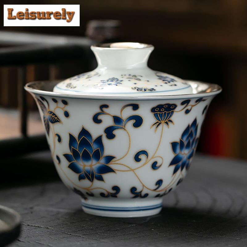 160ml Handamde Gilded Silver Gaiwan Jingdezhen Blue And White Porcelain  Tea Tureen Tea Maker Cover Bowl Teaware Collection Gift