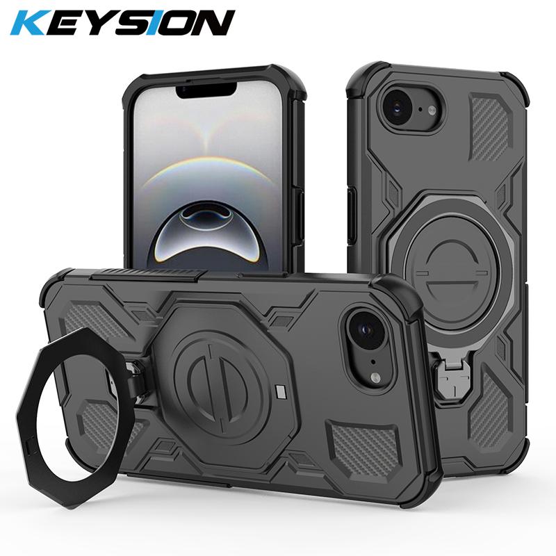 KEYSION Shockproof Magnetic Case for iPhone 16e Soft Silicone+PC Upright Live Metal Ring Stand Phone Back Cover for iPhone 16e