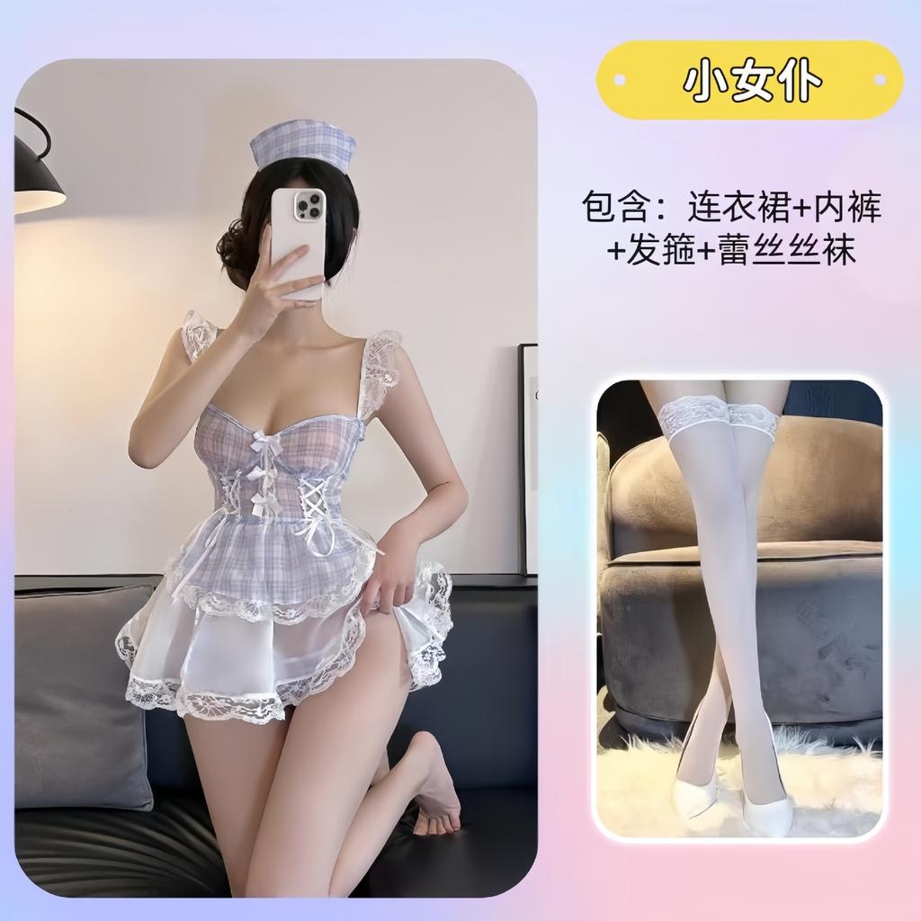 Sex underwear bow plaid skirt fun mood fun uniform abstinence pure desire mesh suspender set