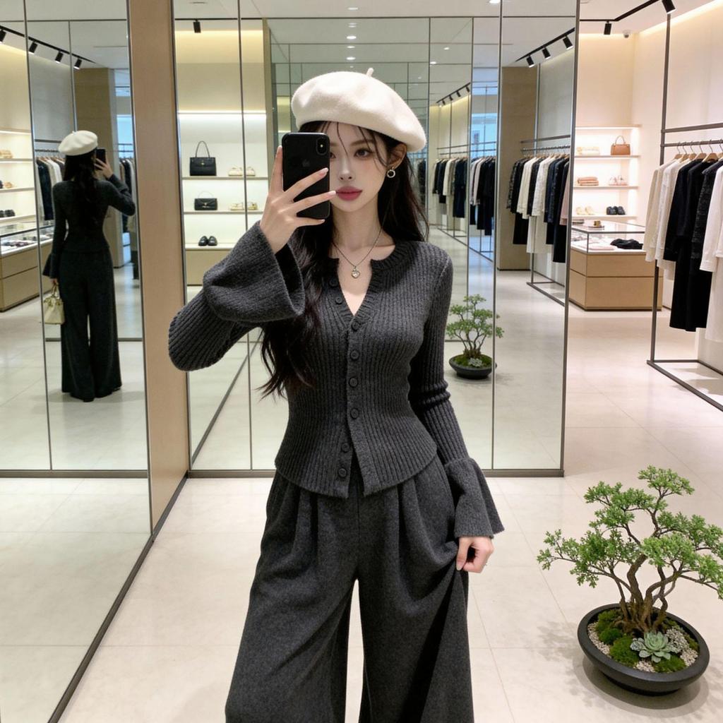 Women's V-Neck Knitwear Set: Slimming Sweater & Wide-Leg Pants for Autumn/Winter