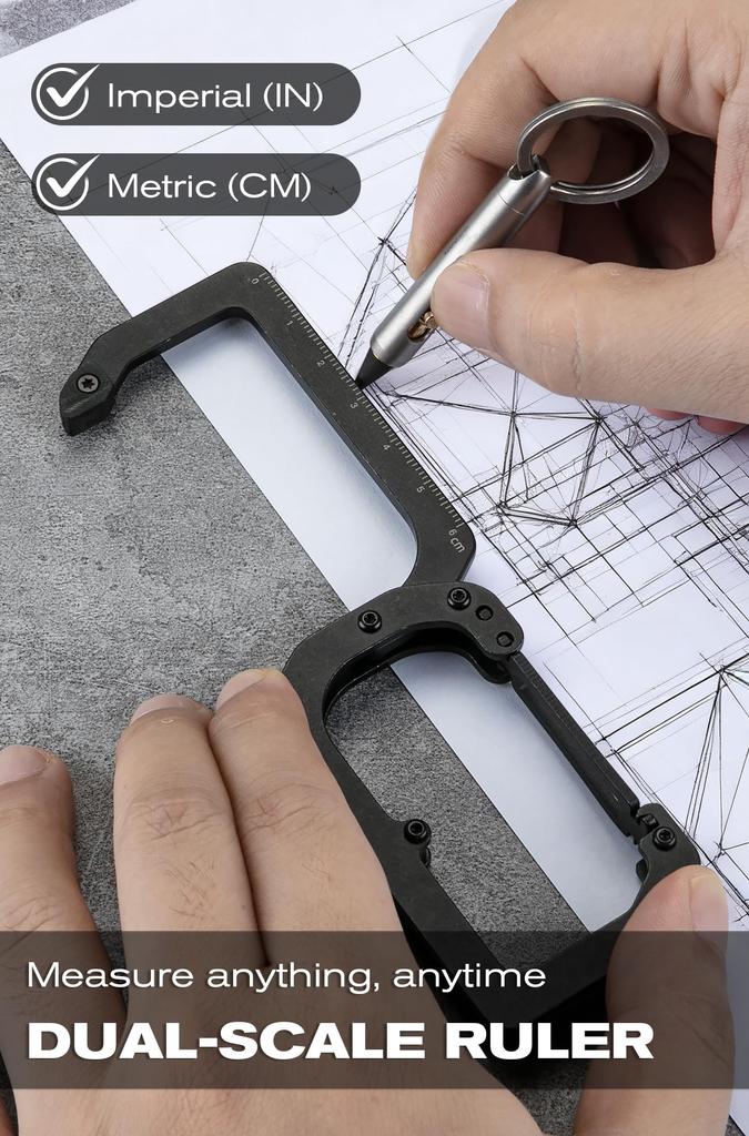 KEEPO LINK 3-w-1 Tytanowy Karabińczyk EDC Brelok Klips z Funkcją Pomiaru i Składanym Haczykiem na Torbę 180° (Użytkowanie na zewnątrz) OLL01 (czarny)