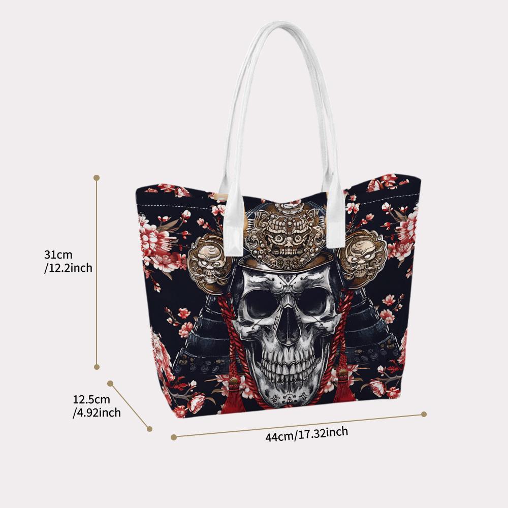 Japanese Samurai Skull Print Tote Bag Casual Large Capacity Shoulder Handbag for Daily Use