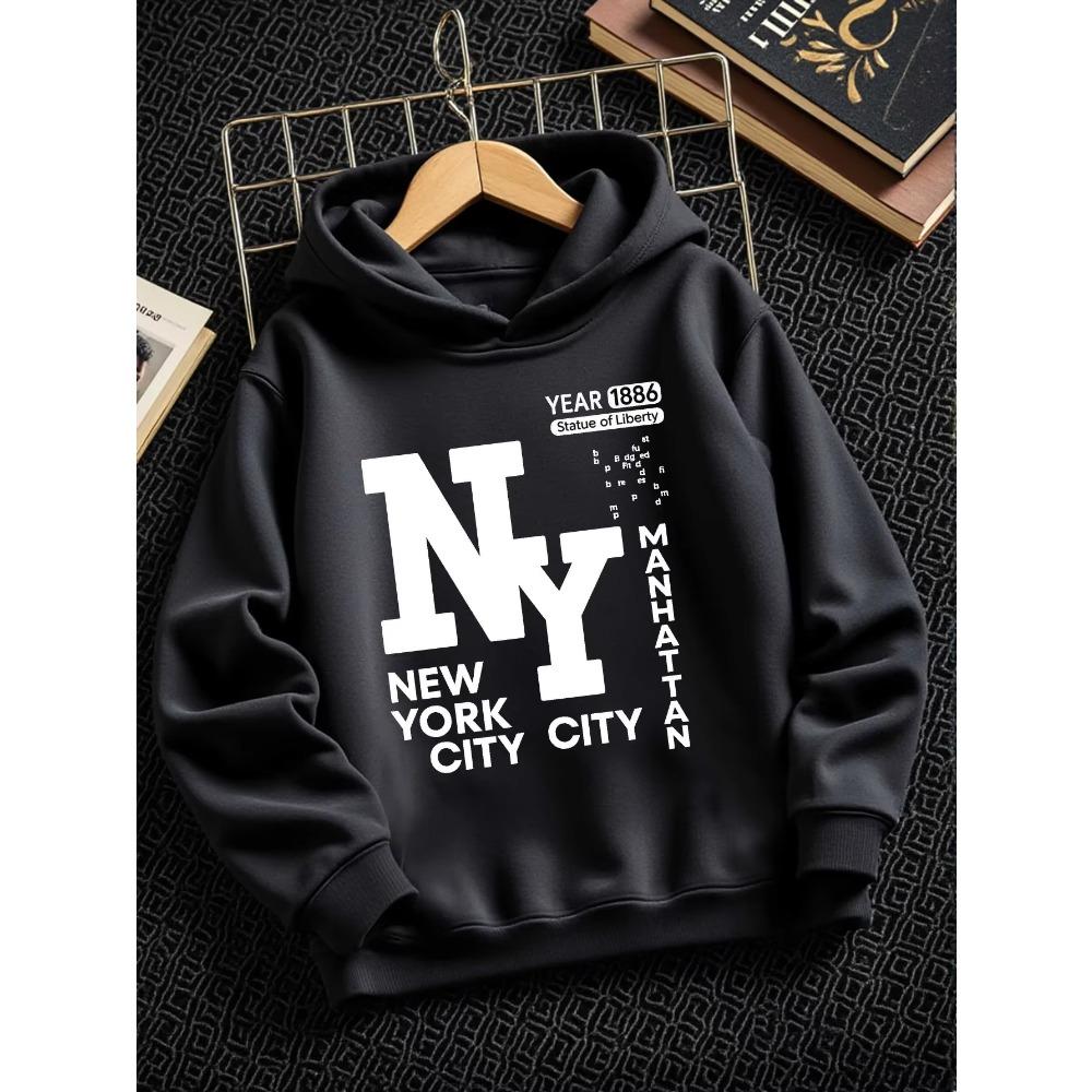 Retro New York City Kids Hoodie Manhattan Text Print Pullover Autumn Winter Fleece Warm Street Style Children Hooded Sweatshirt