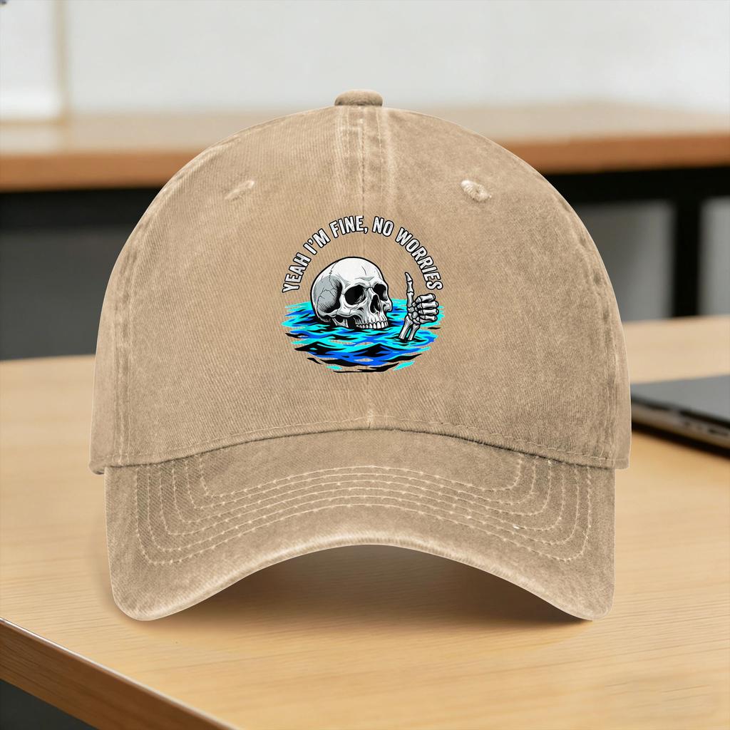Washed Baseball Cap Yeah I'M Fine No Worries Sarcastic Drowning Skeleton Funny Spring Trucker Hat Outdoor Gym Sun Baseball Caps