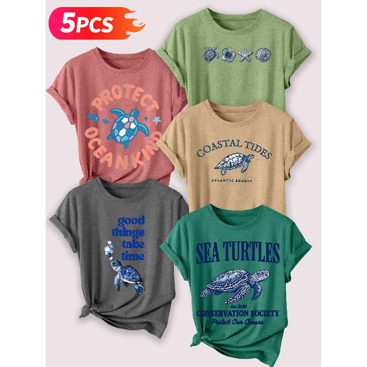 Follow a specific direction Five-piece set of women's short-sleeve tops Ocean Turtle Theme Vintage Print Elegant summer clothing Sleeveless