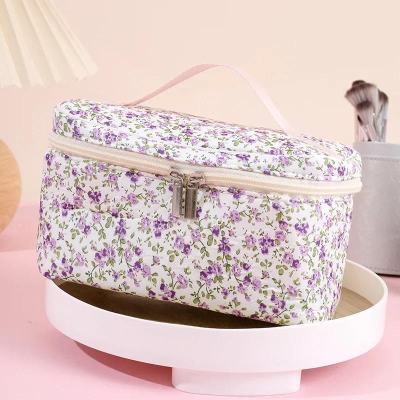 Women Cotton Makeup Bags Vintage Cosmetic Case Flower Large Capacity Tote Portable Cosmetic Storage Handbag Travel Organizer Bag