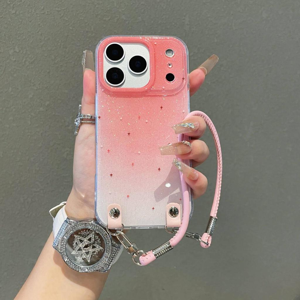 Ombre Color Double-Layer Anti-Drop iPhone 16 Pro Max Phone Case with Lanyard - Suitable for 15PM/17 Series.