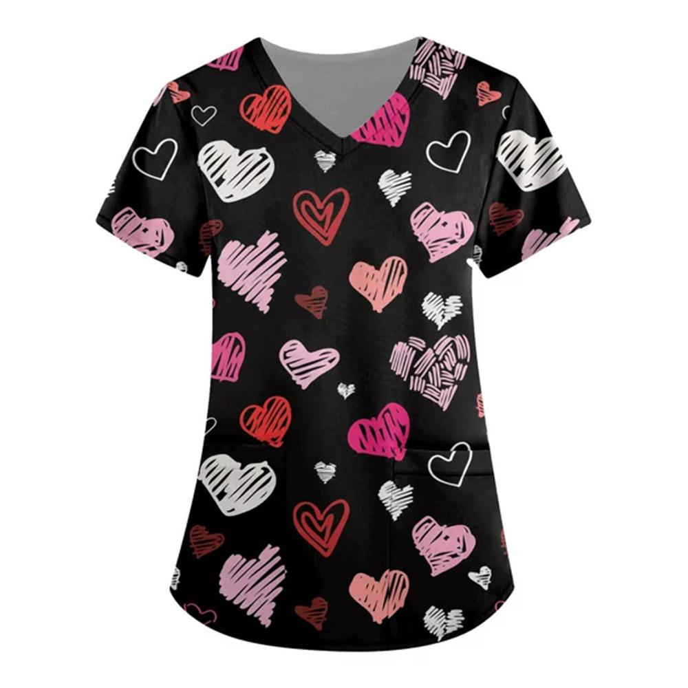 Women Valentines Day Ladies Nurse Uniform Love Print Gradient Short Sleeve Pocket Work Shirt Tunics Carer Medical Nursing Blouse